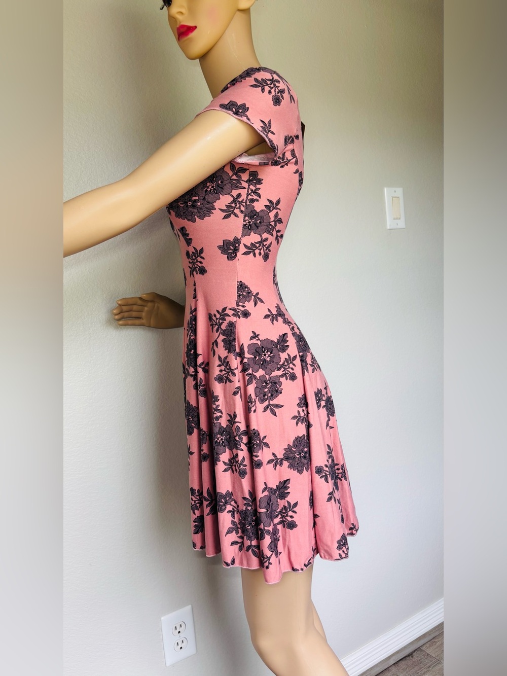 Banana Lemon Pink Floral V-Neck Fit & Flare Mini Dress - Picture 6 of 12